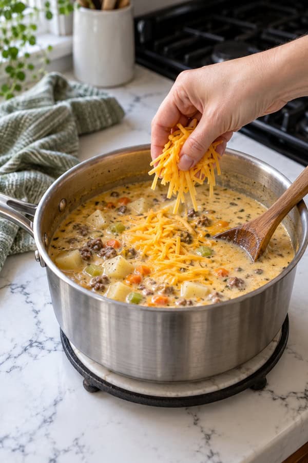 adding cheese for cheeseburger soup for two