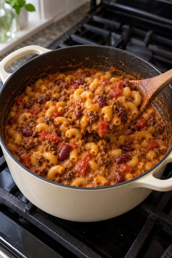 chili mac and cheese cooked