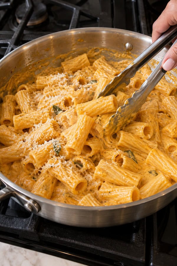 Creamy pumpkin pasta in a skillet with grated cheese and herbs.