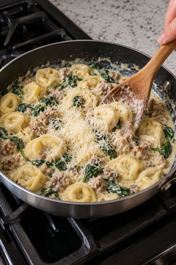 stirring sausage cheese tortellini