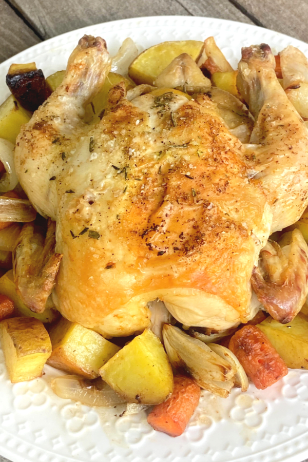 roasted Cornish game hen and vegetables