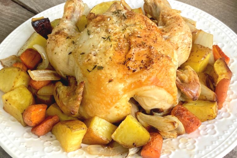 roasted Cornish game hen and vegetables