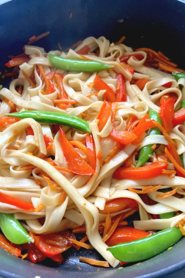 vegetable lo mein in a skillet