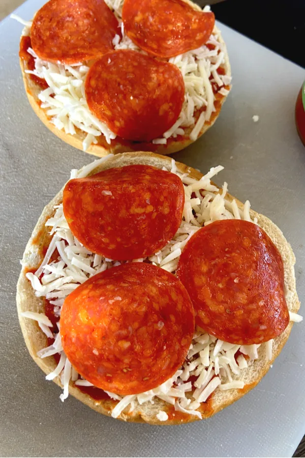 pepperoni and cheese on bagel