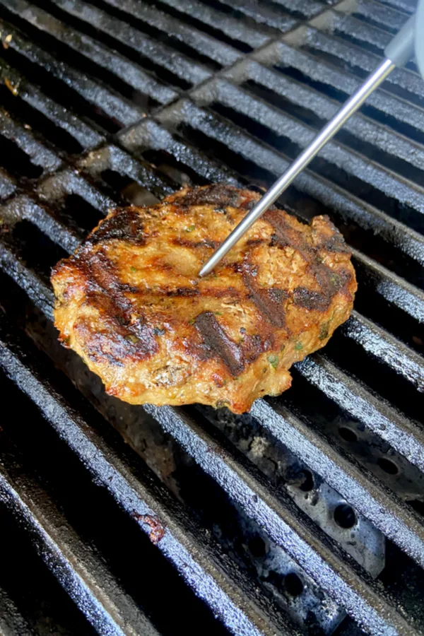 thermometer in a grilled turkey burger 