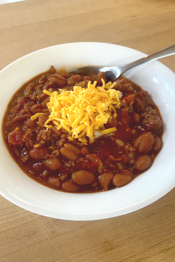 chili recipe for two in a bowl with cheese 