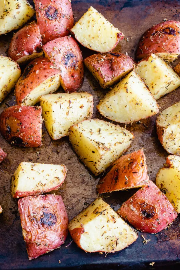 Rosemary roasted red potatoes cooked on a baking stone 