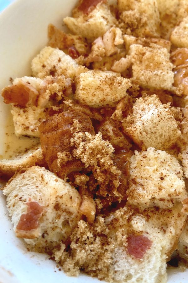 French toast casserole topped with brown sugar and cinnamon 