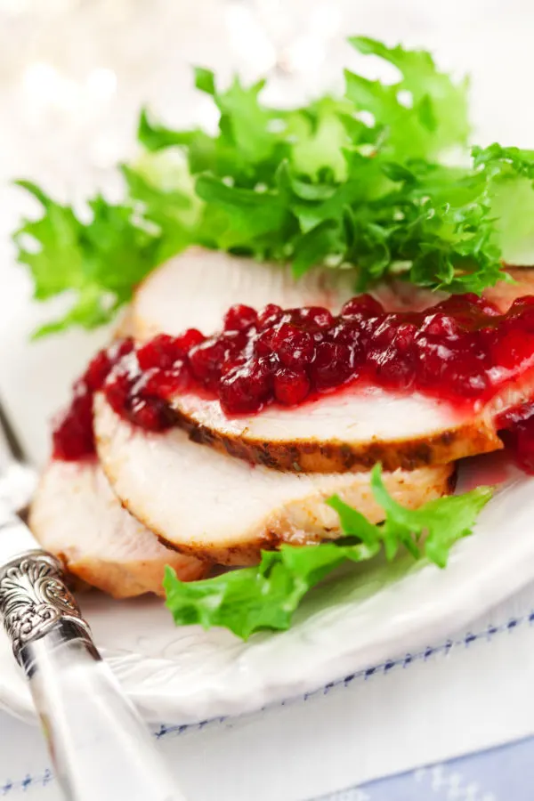 cranberry sauce spread over slices of turkey 