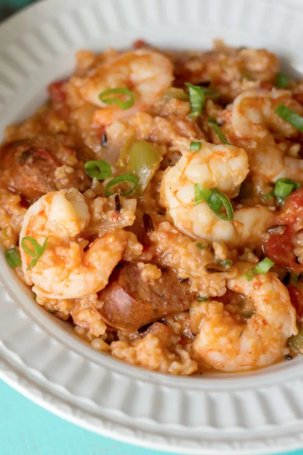 creole jambalaya in white bowl
