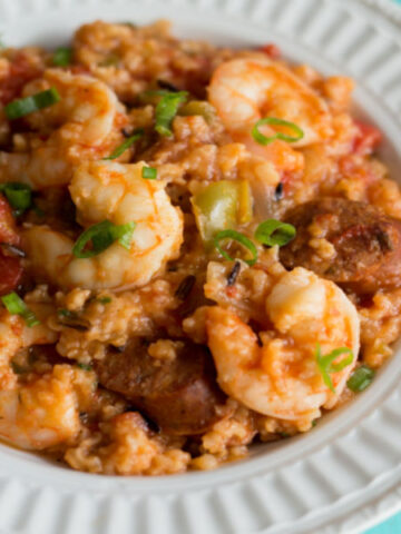 creole jambalaya in white bowl