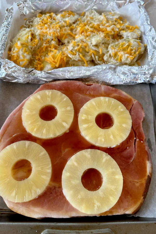 sheet pan easter dinner with ham and scalloped potatoes