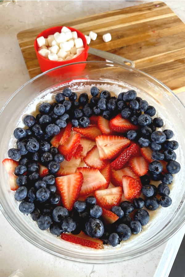 strawberries, blueberries and mini marshmallows