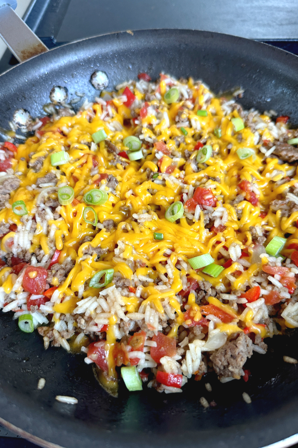 ground beef and rice fiesta in skillet