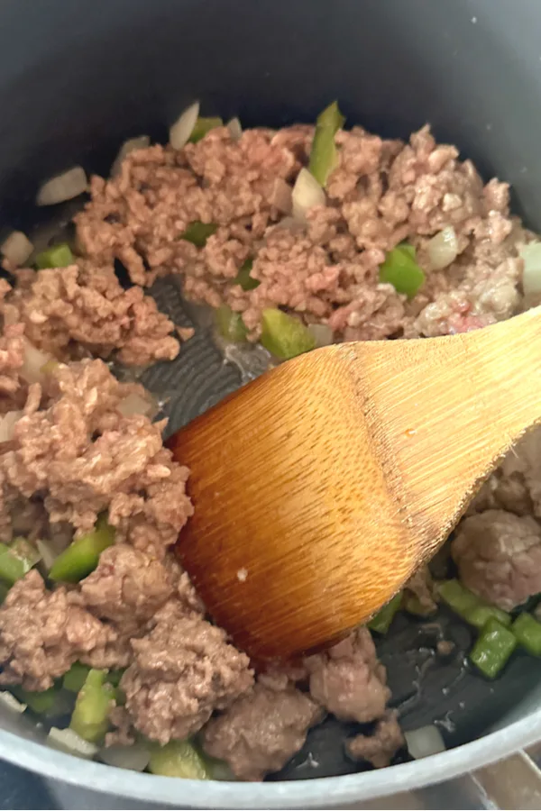 ground beef with diced green peppers and onions