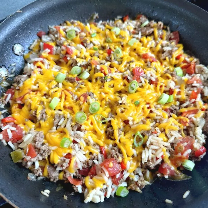 ground beef and rice fiesta in skillet