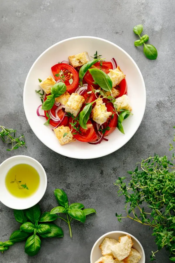 panzanella salad made with leftover hamburger buns