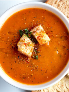 homemade tomato basil soup with croutons