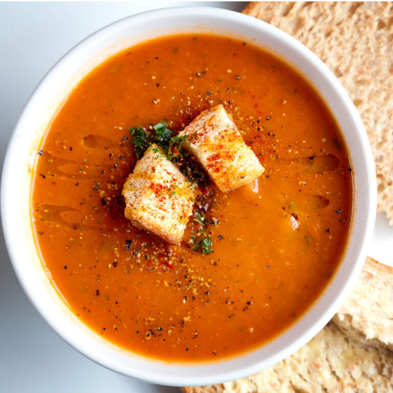 homemade tomato basil soup with croutons