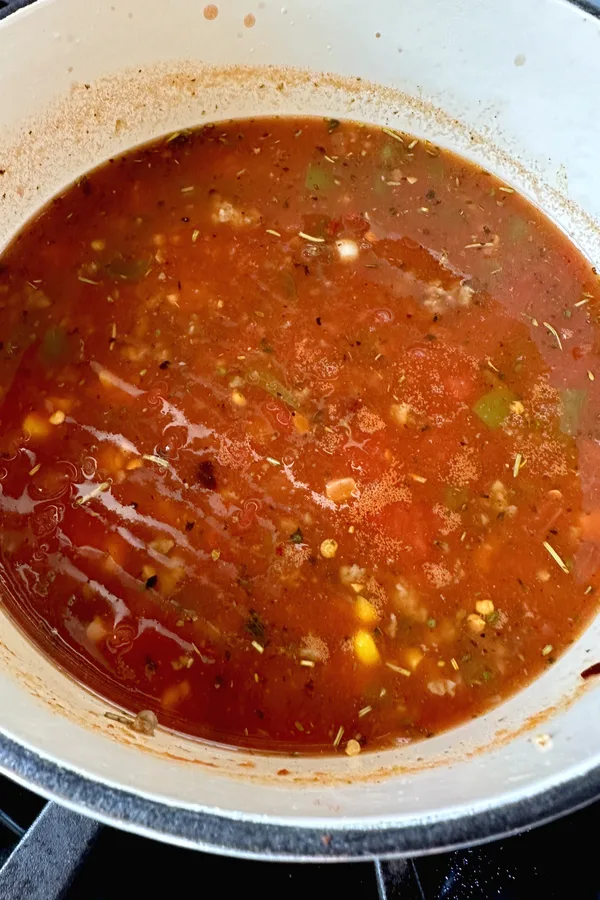 goulash base with tomatoes, corn, and other vegetables.