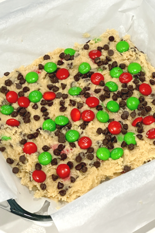 cookie dough topped with chocolate candy