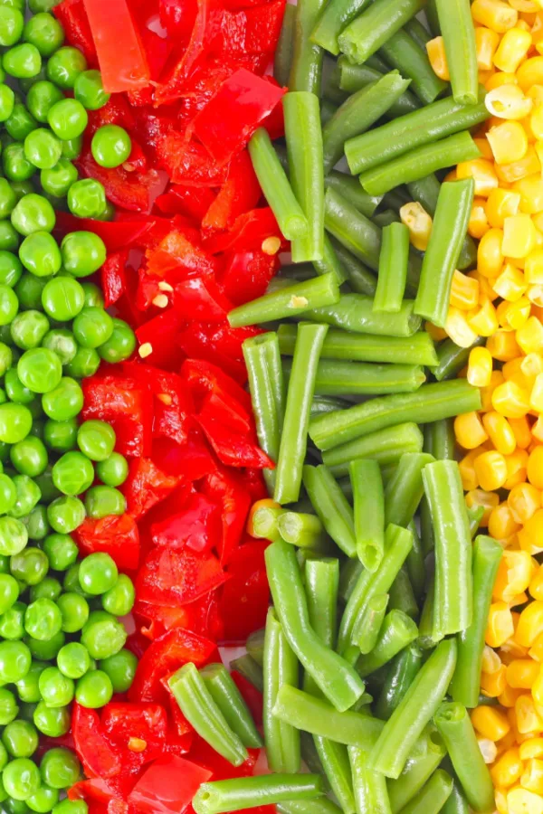 peas diced red peppers green beans and corn