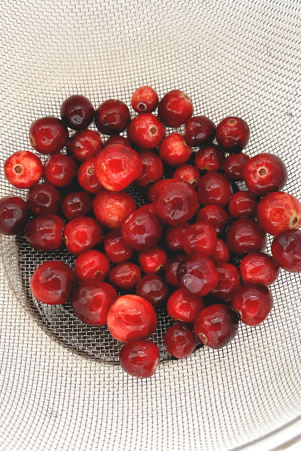 a bowl of raw washed cranberries.