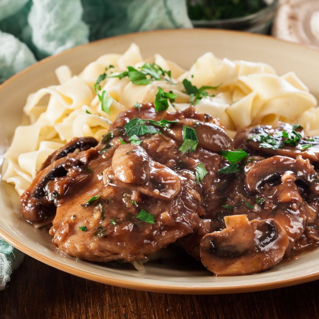 chicken marsala served with noodles
