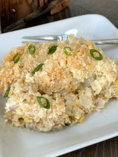 easy chicken and potato casserole on white plate