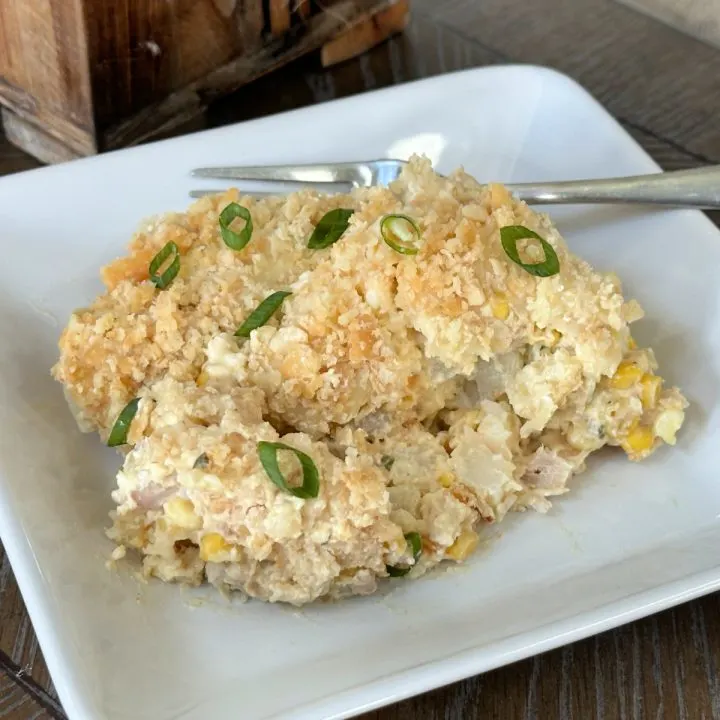 easy chicken and potato casserole on white plate