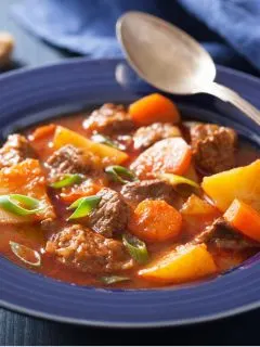 easy beef stew in blue bowl