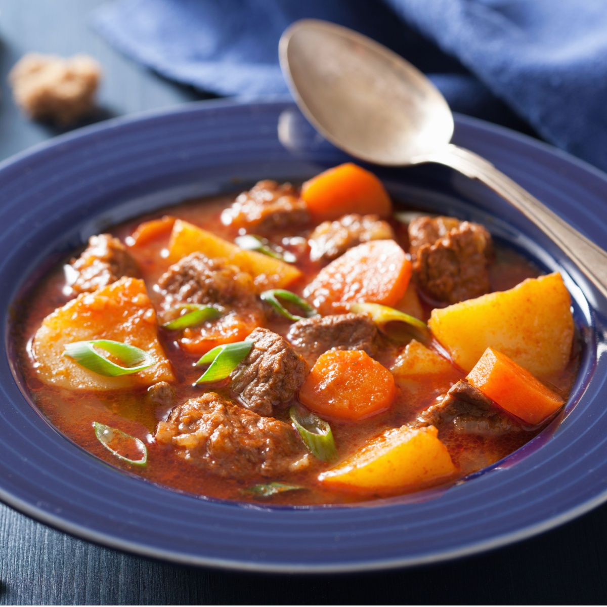 easy beef stew in blue bowl