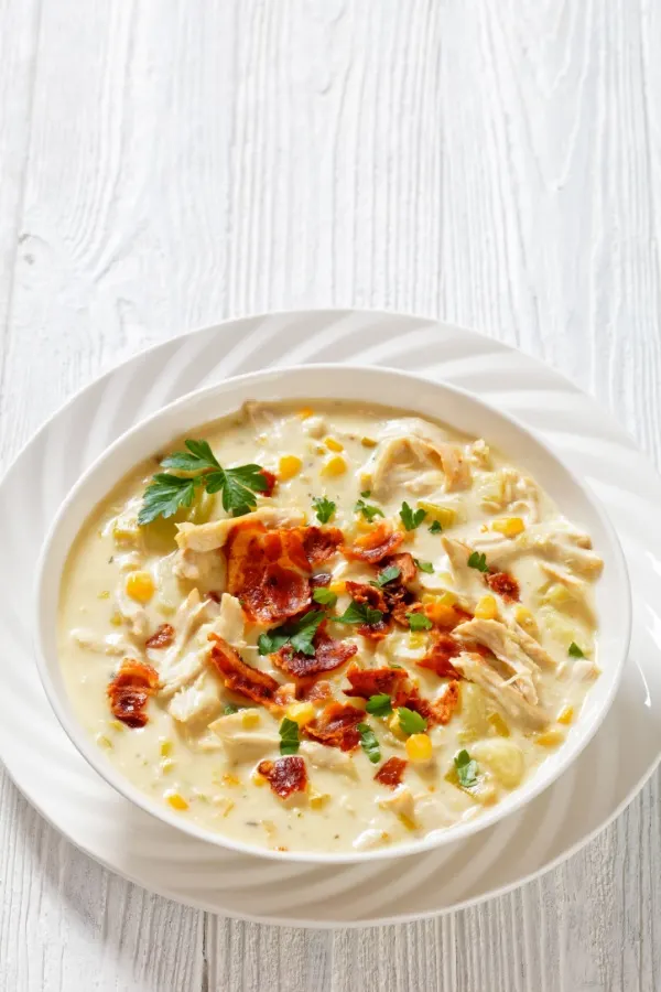 bowl of chowder topped with bacon