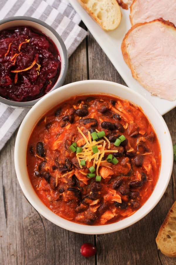 bowl of leftover turkey chili
