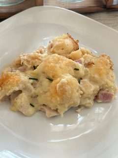 chicken cordon bleu biscuit casserole on a plate