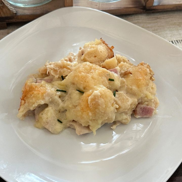 chicken cordon bleu biscuit casserole on a plate
