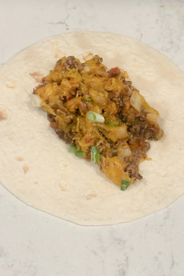 Tex Mex ground beef & potatoes in tortilla wrap