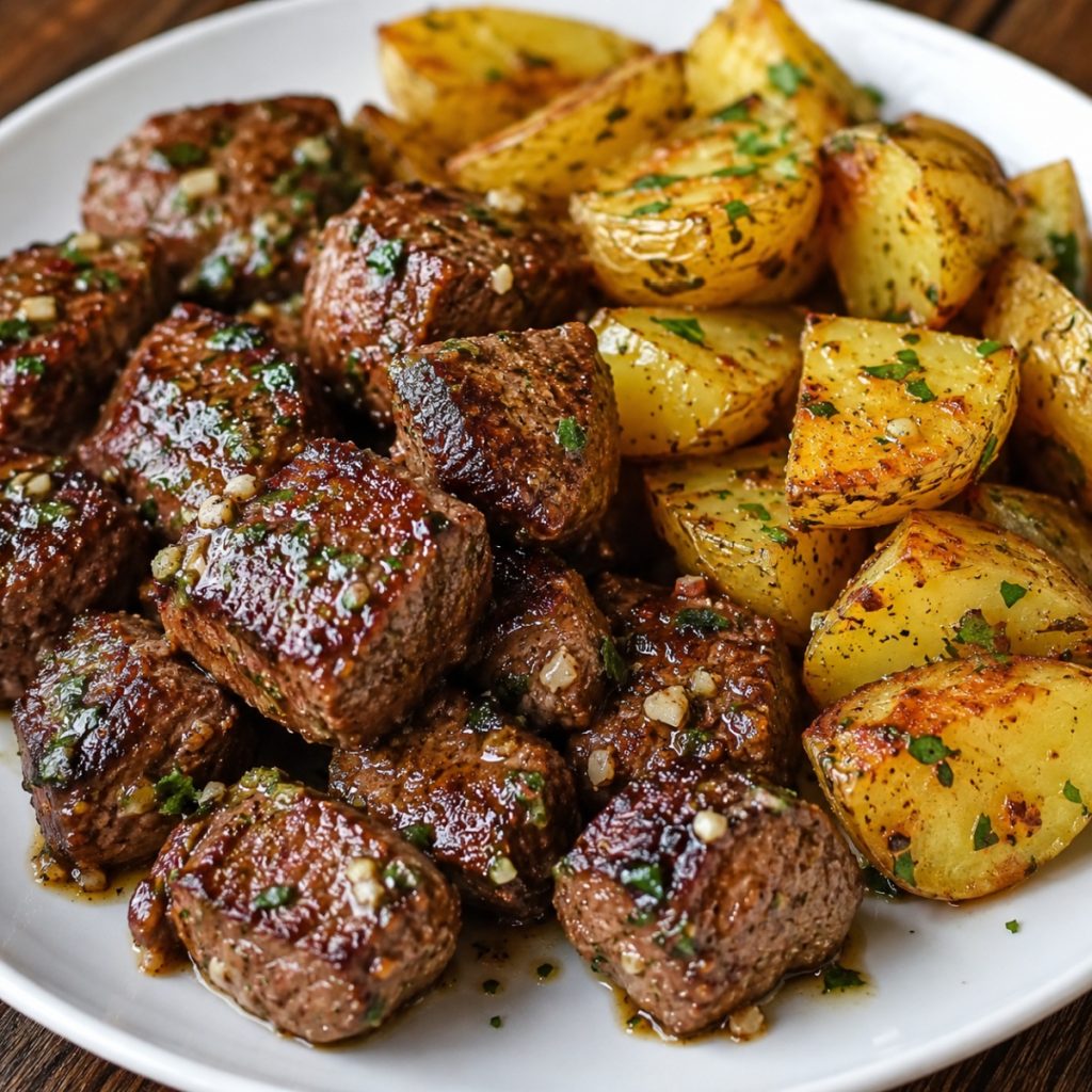 garlic butter steak bites and potatoes