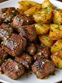 garlic butter steak bites and potatoes