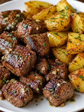 garlic butter steak bites and potatoes