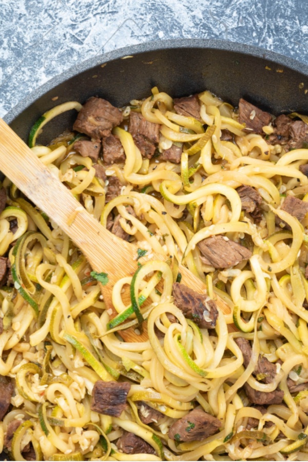 garlic butter steak bites and zucchini noodles