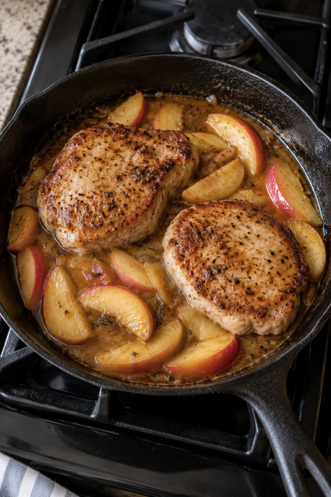 apples and meat in skillet
